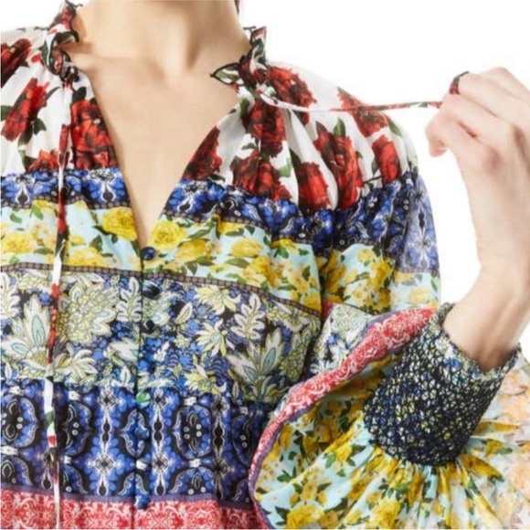 ALICE + OLIVIA Marlyn Floral Tie-Neck Button Down Tiered Blouse size XL - Picture 10 of 13